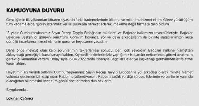 Bağcılar Belediye Başkanı Lokman Çağırıcı görevinden istifa ettiğini duyurdu