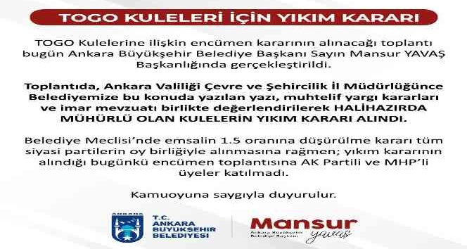 Ankara Büyükşehir Belediyesi, TOGO Kuleleri için yıkım kararı alındığını duyurdu