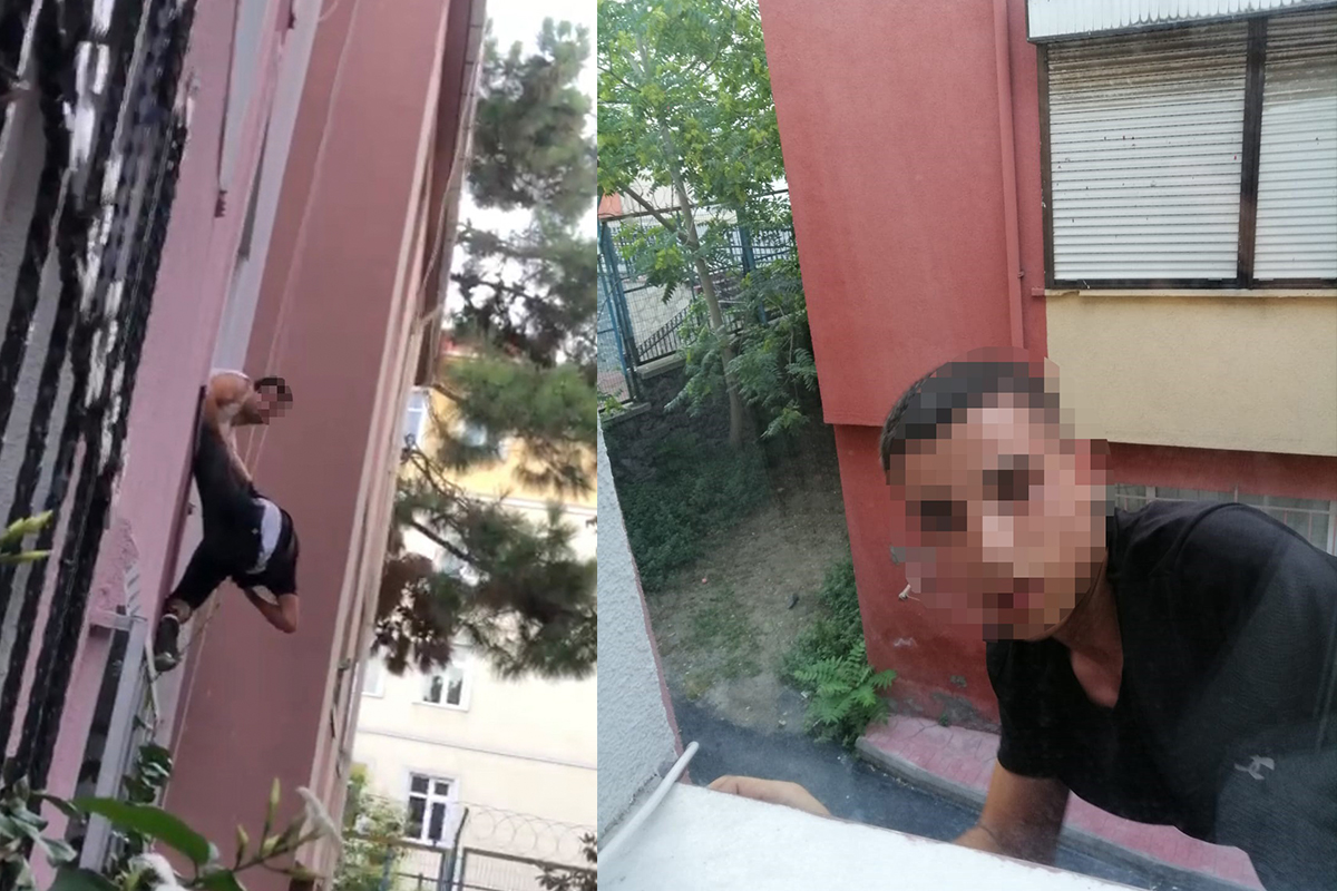 Beyoğlunda ev sahibi yakaladığı hırsızı camdan sarkıttı: O anlar kamerada