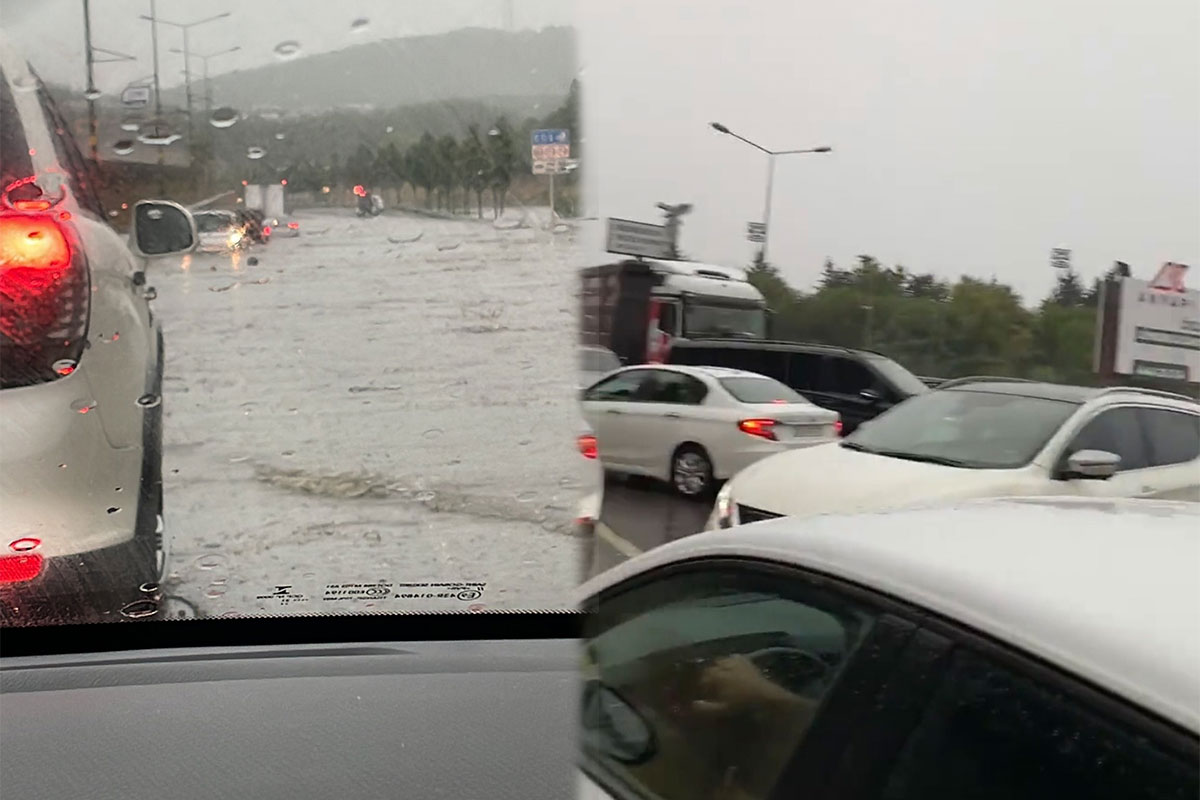 Şile otobanında yağış nedeniyle araçlar mahsur kaldı, sürücüler zor anlar yaşadı