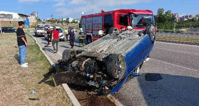 Takla atan araçtaki sürücüyü emniyet kemeri kurtardı
