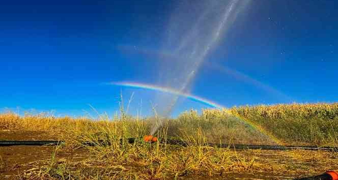 Tarım sulama borusu patladı, oluşan gökkuşağı görsel şölen oluşturdu