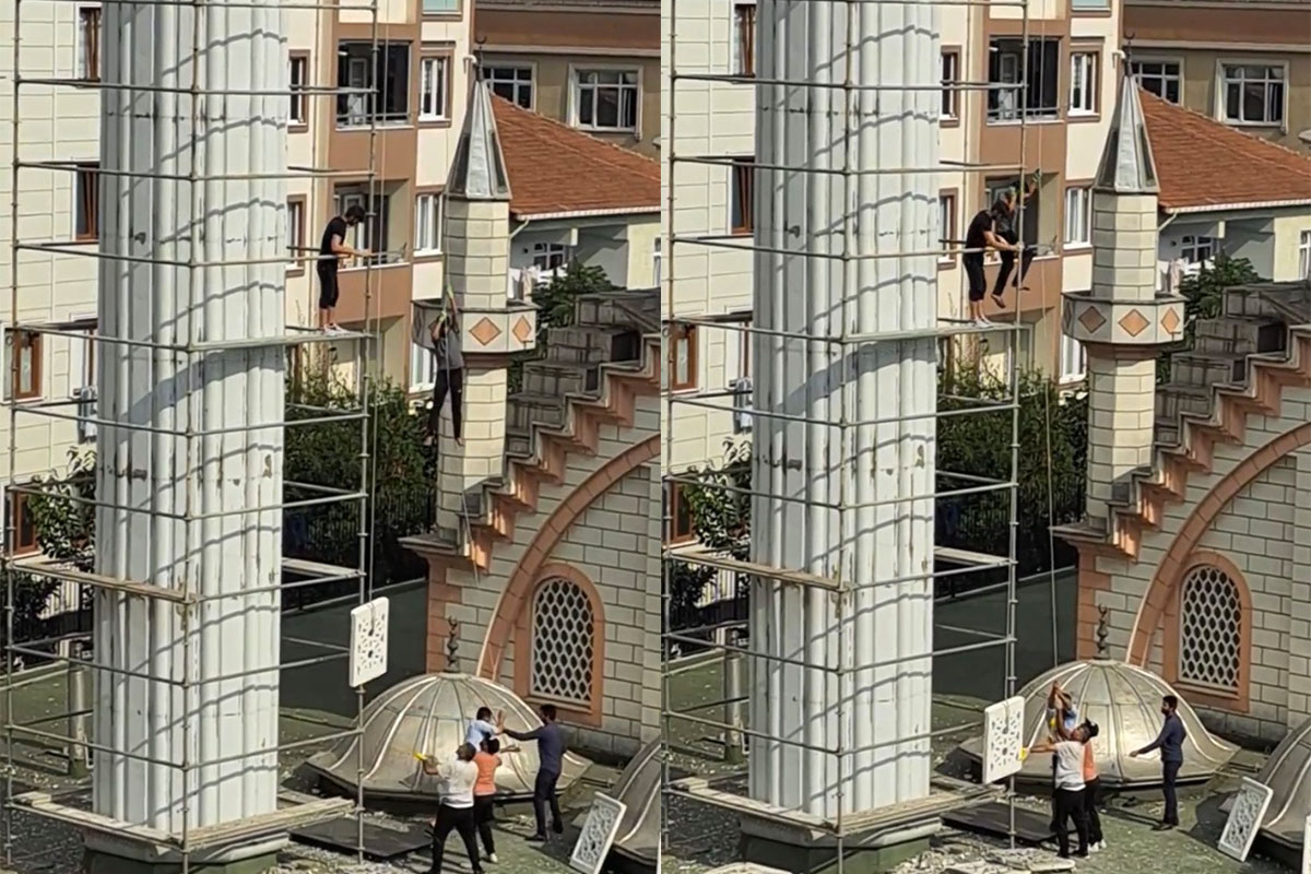İstanbul'da ilginç minare yenilemesi kamerada: Aşağıya atlayıp yukarıya taş çektiler