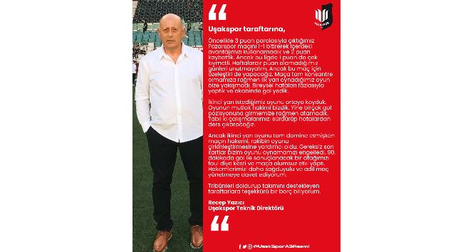 Uşakspor Teknik Direktörü Yazıcı, Hakemleri adli olmaya davet ediyorum”