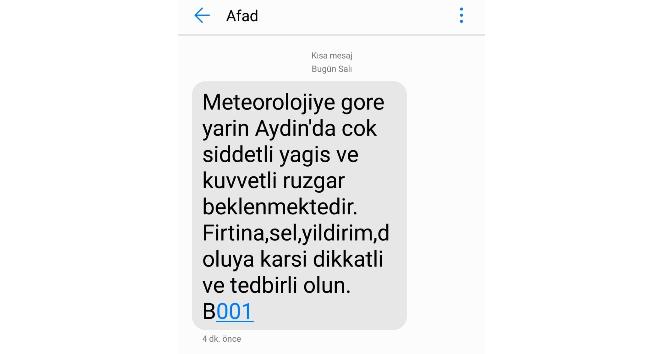AFAD Aydınlıları cep telefonlarına gönderdiği mesaj ile uyardı
