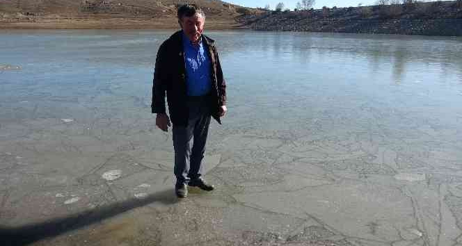 Düşen hava sıcaklıkları nedeniyle gölet yüzeyi buz tuttu