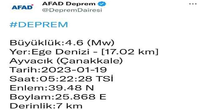 Çanakkale açıklarında 4,6 büyüklüğünde deprem