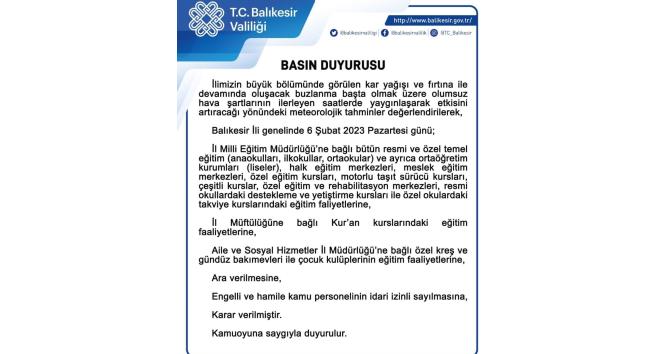 Balıkesir’de okullar tatil edildi