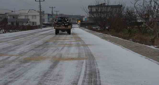 Lapseki Belediyesi ekipleri tuzlama ve yol açma çalışmalarına devam ediyor