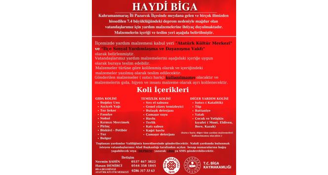 Biga’dan deprem bölgesine yönelik yardım kampanyası