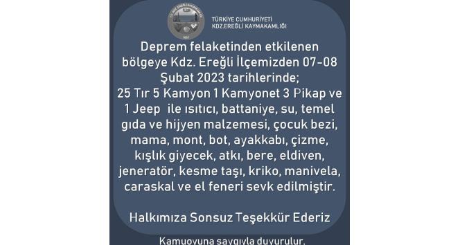 Ereğli Kaymakamlığı yardımları yola çıkardı