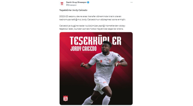 Sivasspor, Jordy Caicedo’ya teşekkür etti