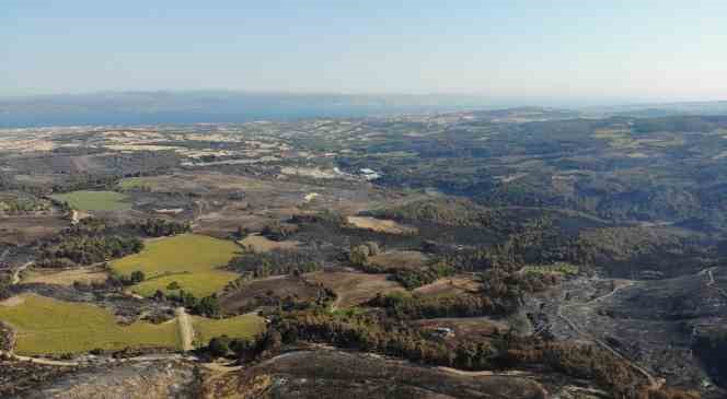 &Ccedil;anakkale&rsquo;de 52 saat sonra kontrol altına alınan yangın sonrası yanan alanlar dron ile g&ouml;r&uuml;nt&uuml;lendi
