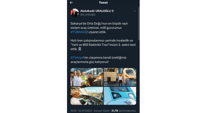 Bakan Uraloğlu, kokpitine geçtiği Milli Elektrikli Tren’i test etti