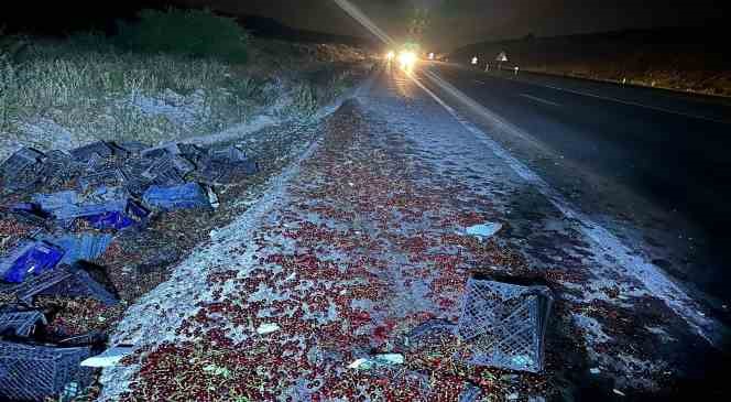 Refüje devrilen kamyonetin parçalanan kasasındaki 3 ton vişne ziyan oldu