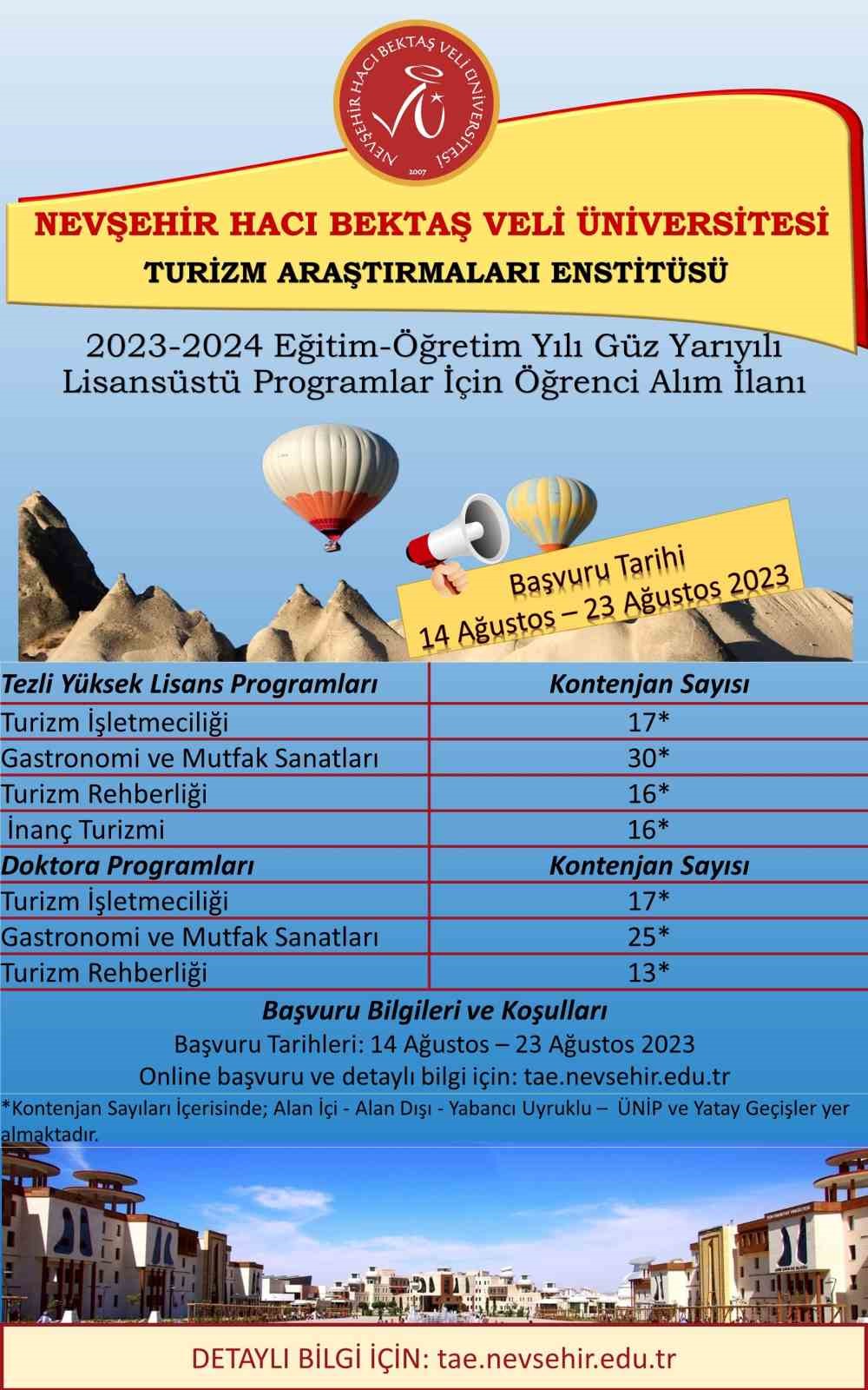 NEV&Uuml; Turizm Araştırmaları Enstit&uuml;s&uuml; doktora ve y&uuml;ksek lisans &ouml;ğrencileri alacak
