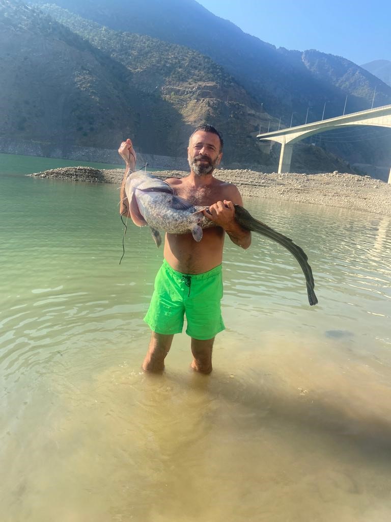 Hobi balıkçılarından olta ile 2 metrelik kedi balığı avı