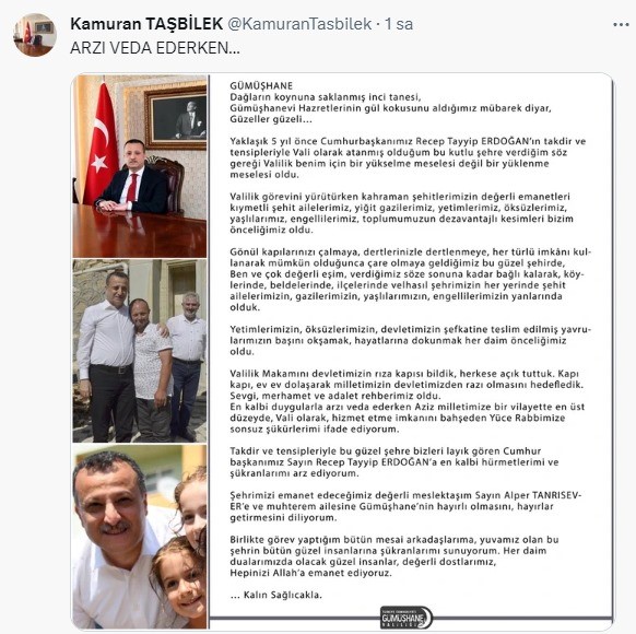 Vali Taşbilek G&uuml;m&uuml;şhane&rsquo;den g&ouml;zyaşlarıyla uğurlandı
