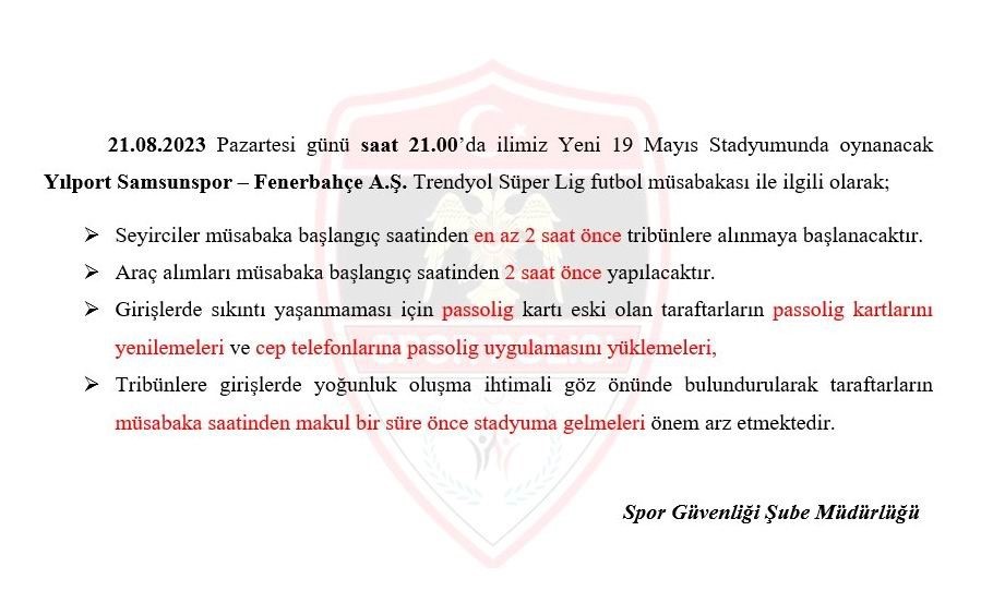 Samsunspor-Fenerbahçe maçında tüm kapılar açılacak