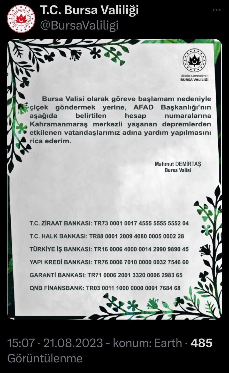 Bursa valisinden &ouml;rnek hareket
