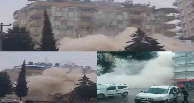 Deprem anında bir binanın çökmesi, diğerinin sallanması kamerada