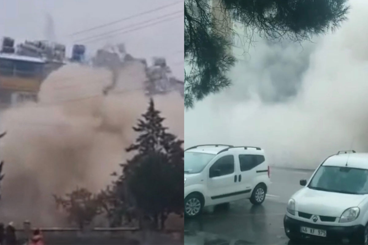 Deprem anında bir binanın çökmesi, diğerinin sallanması kamerada