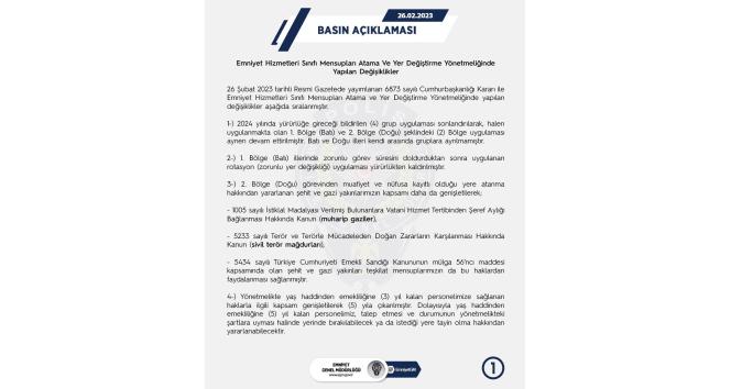 Emniyet Hizmetleri Sınıfı Mensupları Atama ve Yer Değiştirme Yönetmeliği’nde değişiklik