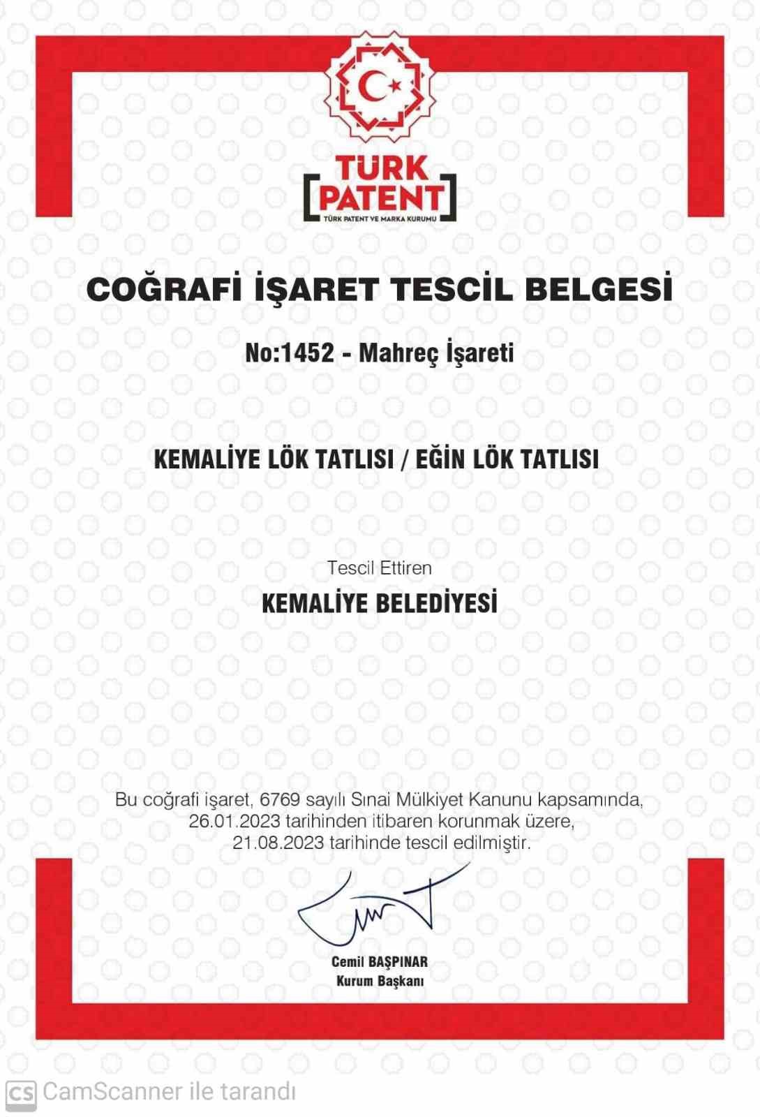 "Kemaliye Eğin Lök Tatlısı" tescillendi
