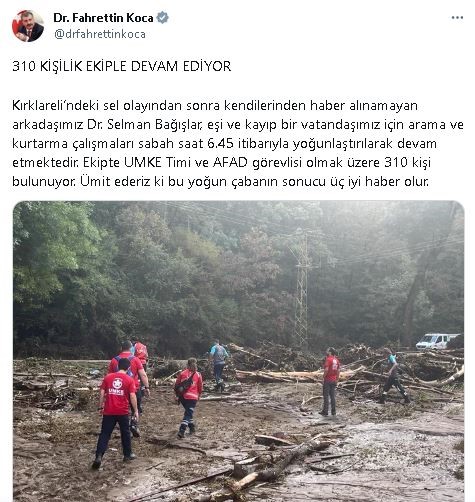 Bakan Koca duyurdu: Kırklareli&rsquo;ndeki selde doktor ve eşi de kayıp
