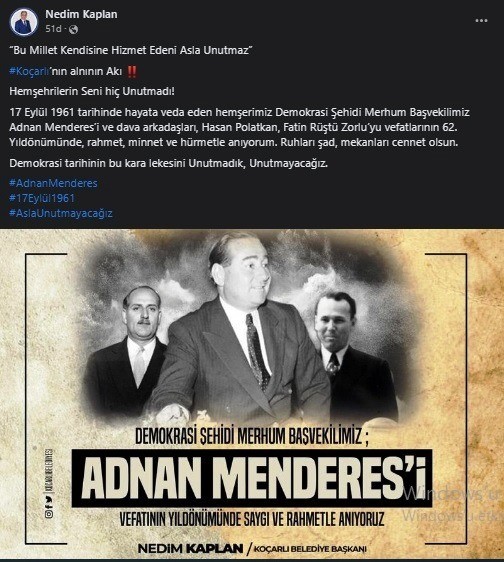 Başkan Kaplan’dan Adnan Menderes’e duygu yüklü anma