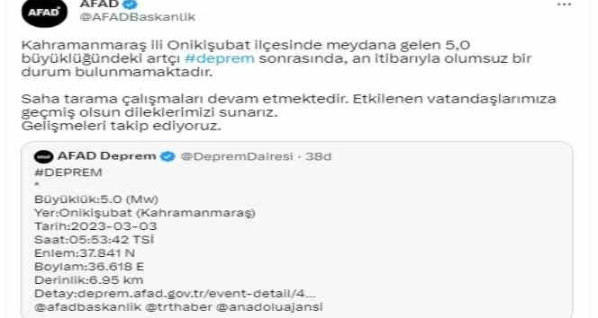 Kahramanmaraş’ta 5.0 büyüklüğünde deprem meydana geldi