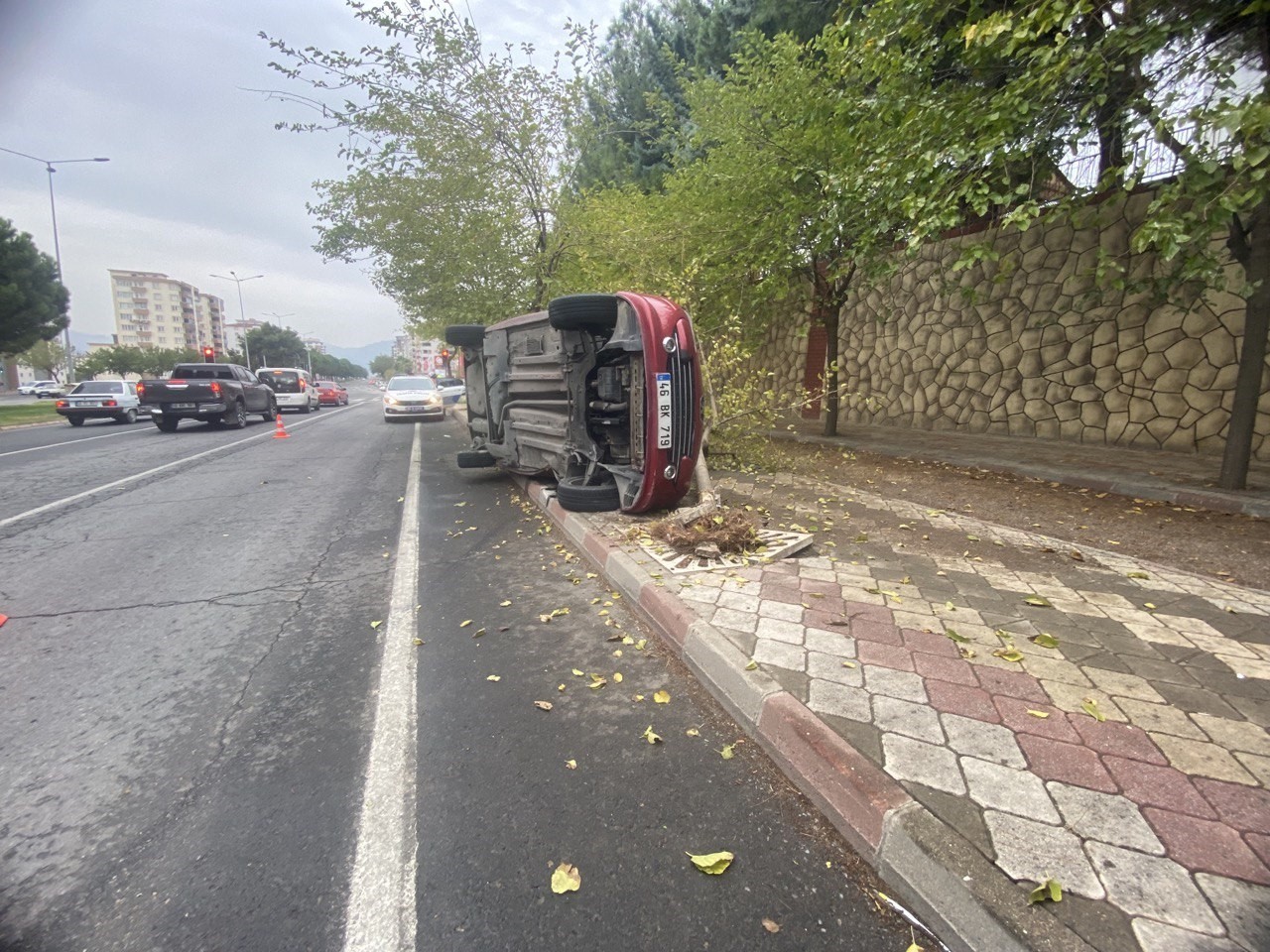 Kaldırımdaki ağaca &ccedil;arpan ara&ccedil; yan yattı
