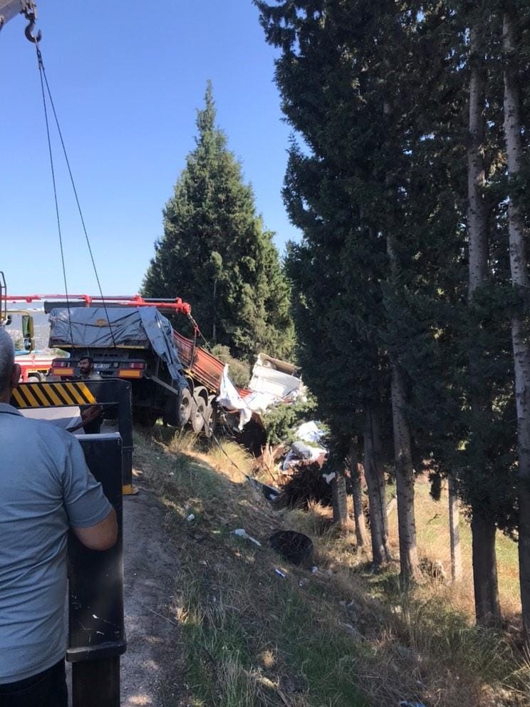 Milas’ta balık yemi yüklü tır tarlaya uçtu