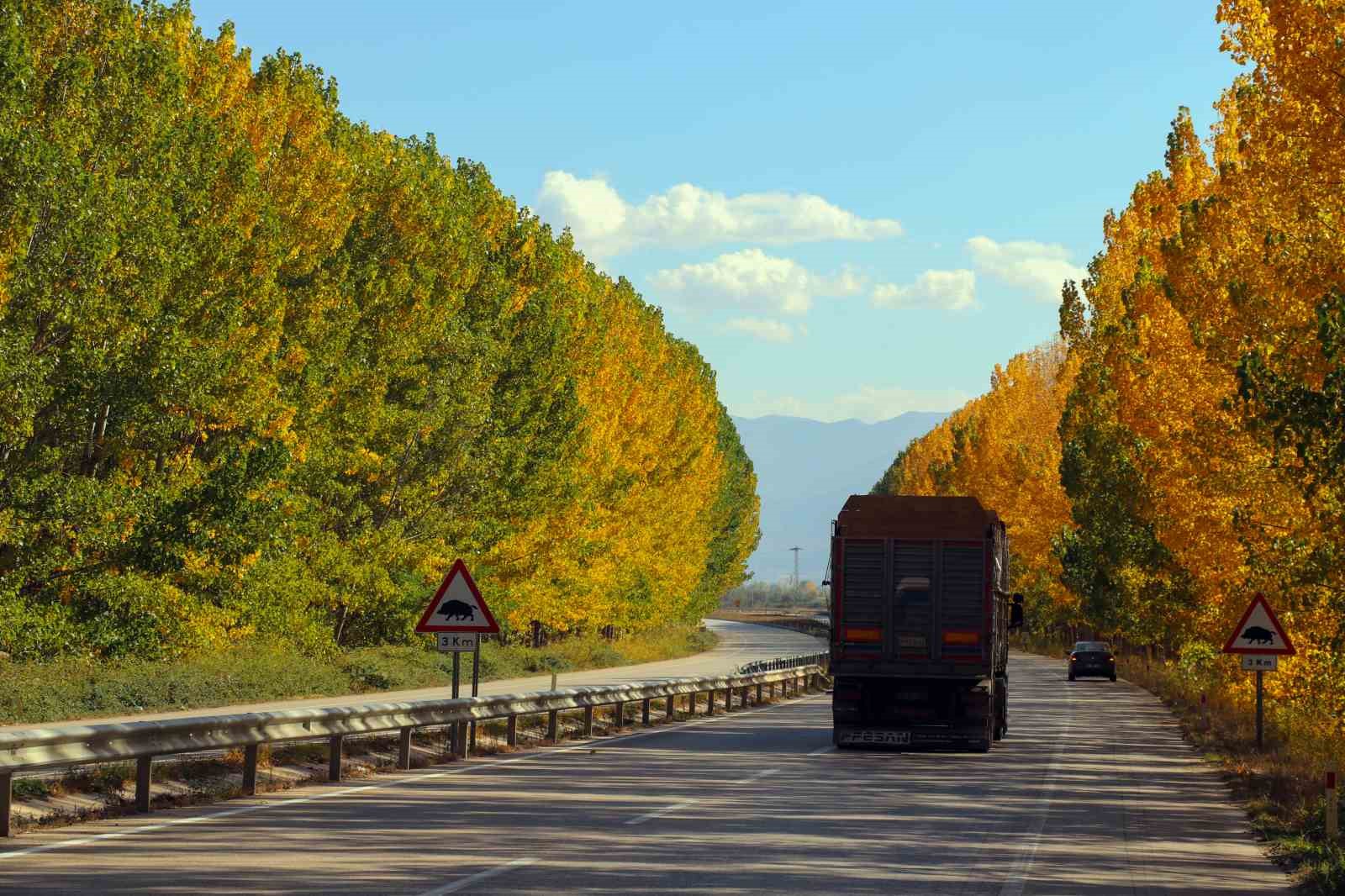 Sonbaharın gelmesiyle birlikte karayolunda renk c&uuml;mb&uuml;ş&uuml; yaşandı
