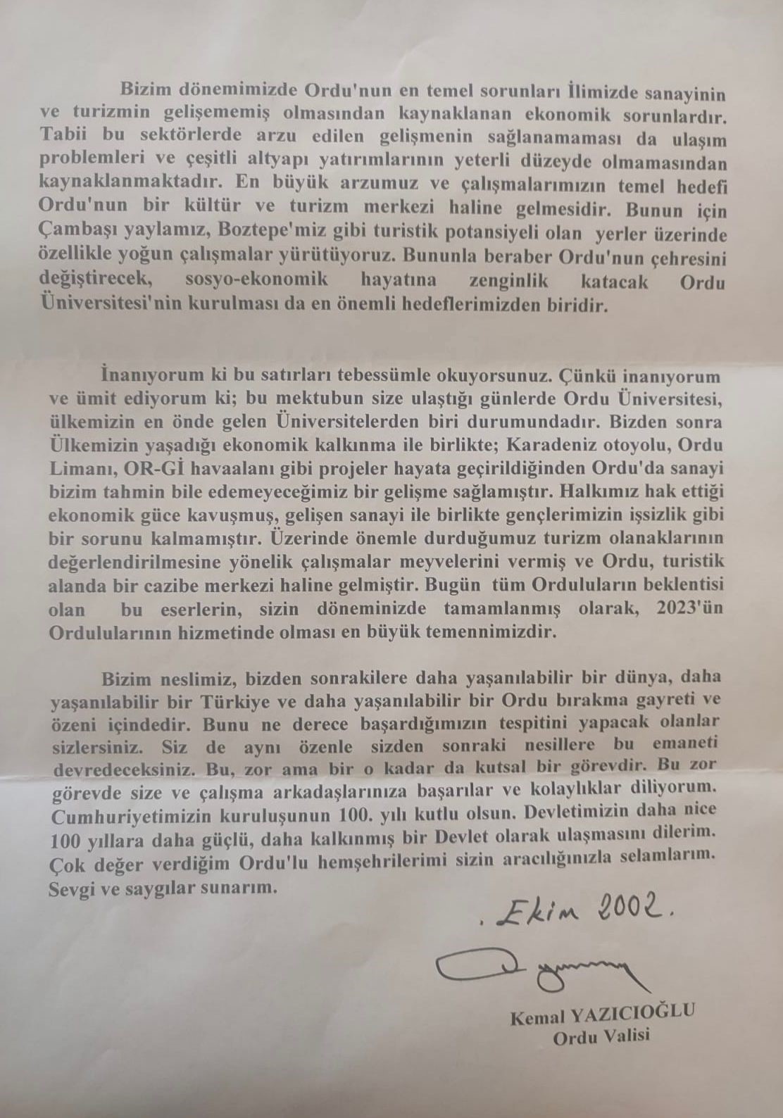 Kemal Yazıcıoğlu&rsquo;nun 100. yıl mektubu
