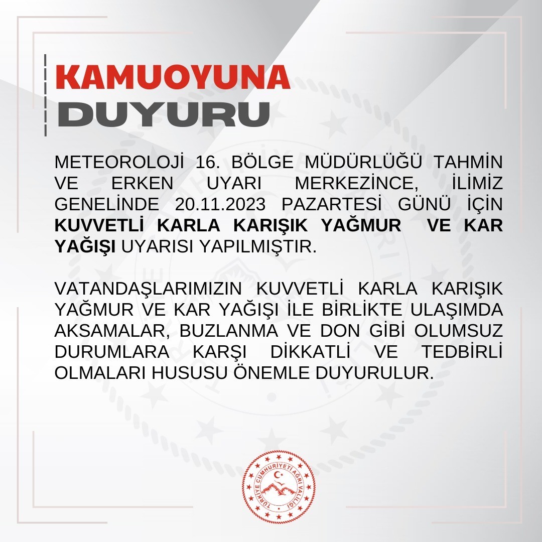 Ağrı&rsquo;da kuvvetli kar yağışı bekleniyor
