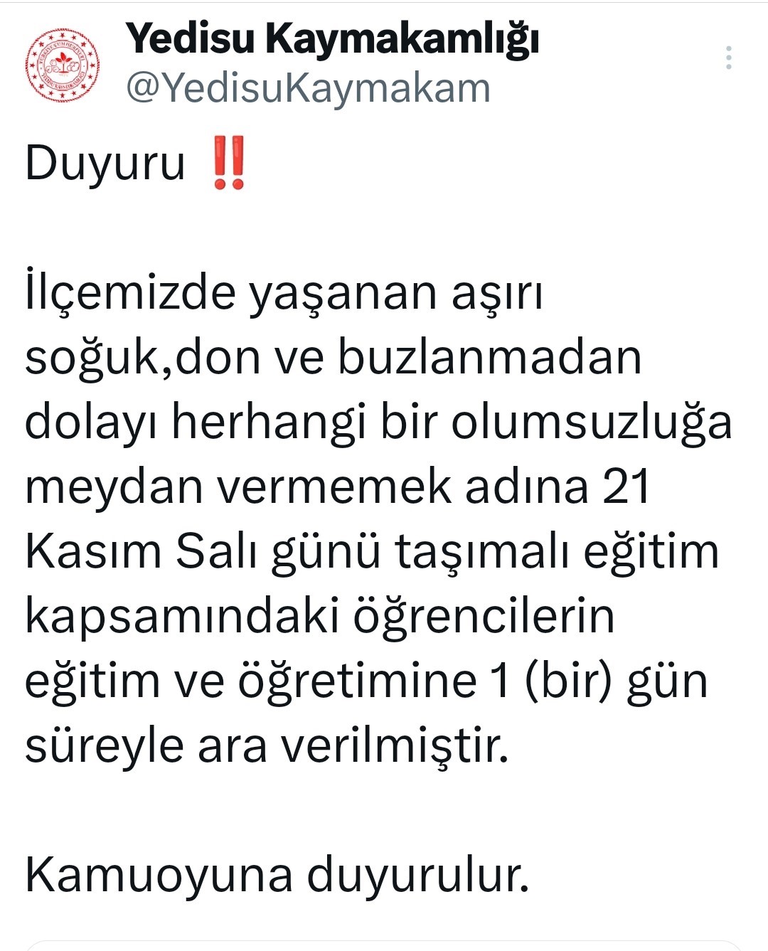 Yedisu’da taşımalı eğitime 1 gün ara verildi