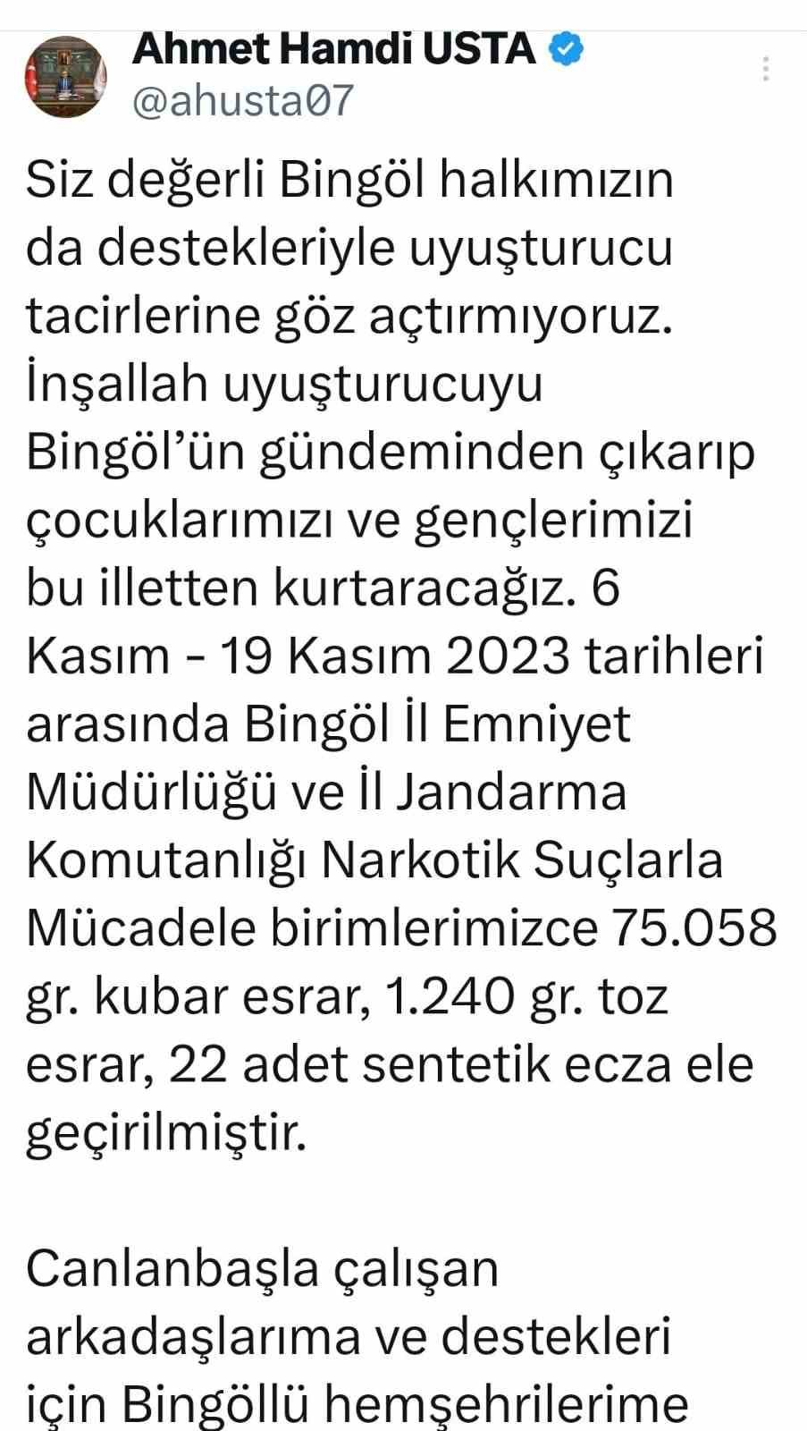 Bakan Yerlikaya a&ccedil;ıkladı: Bing&ouml;l&rsquo;de 6 kilo skunk ele ge&ccedil;irildi
