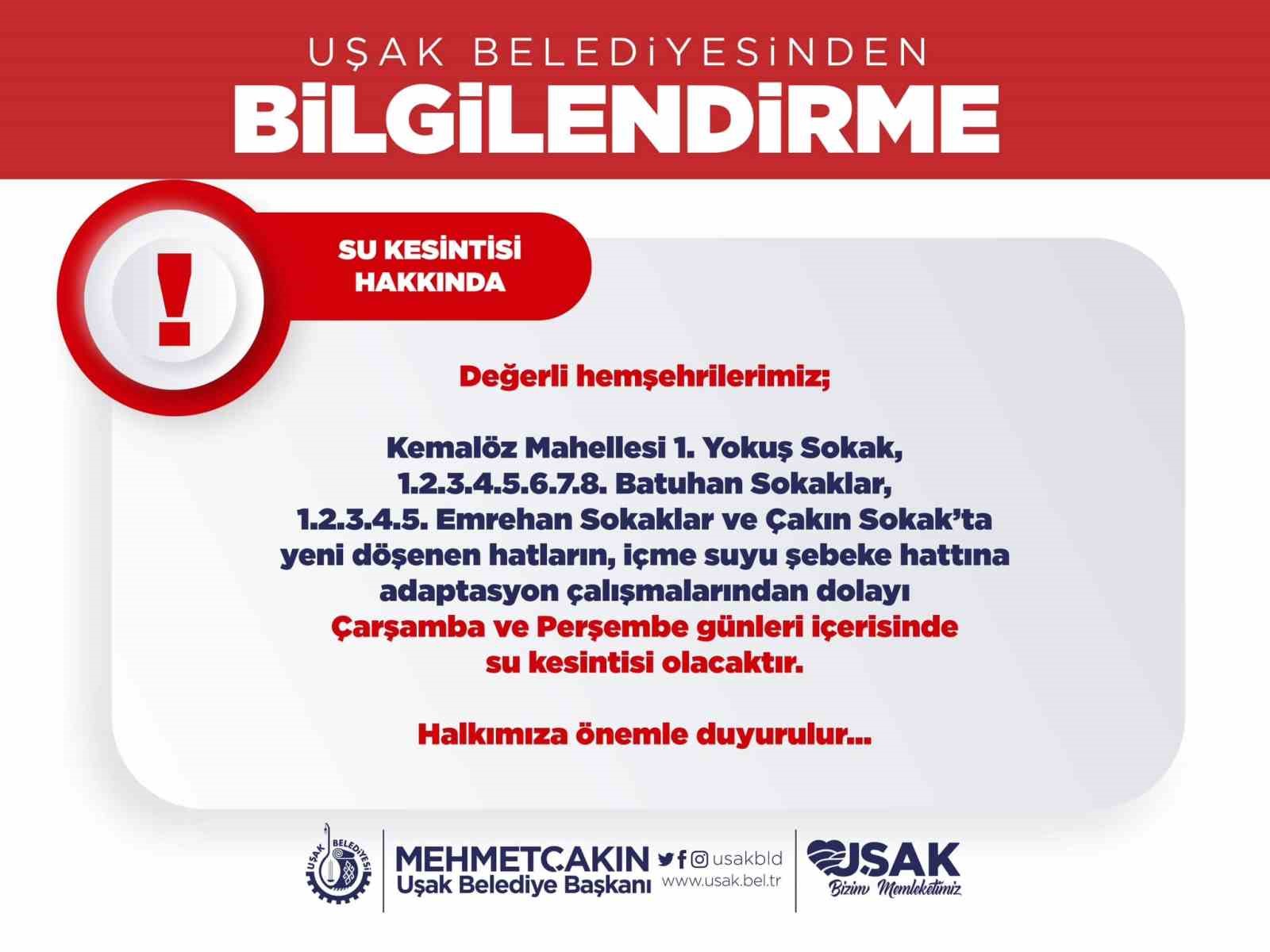 Uşak Belediyesi’nden su kesinti uyarısı