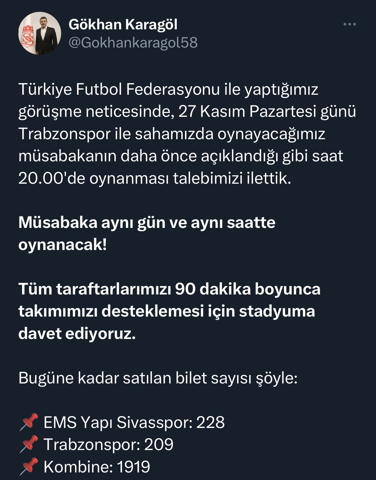 Sivasspor’dan Trabzonspor maçının saatine ilişkin açıklama