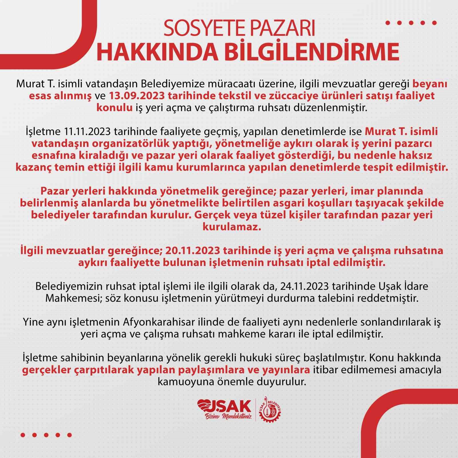 Uşak Belediyesi&rsquo;nden sosyete pazarı bilgilendirmesi
