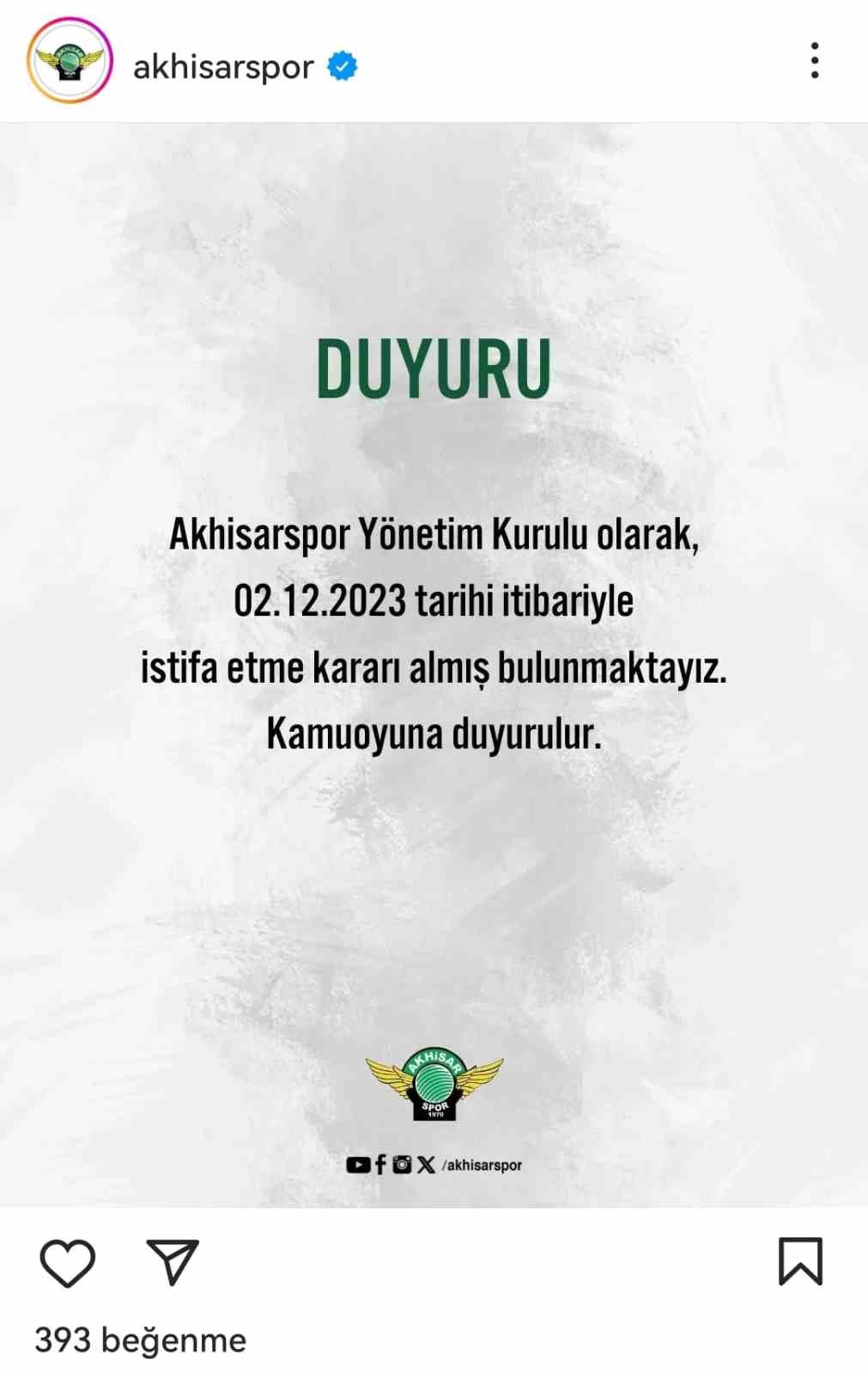 Akhisarspor’da şok gelişme: Başkan ve yönetim kurulundan istifa kararı