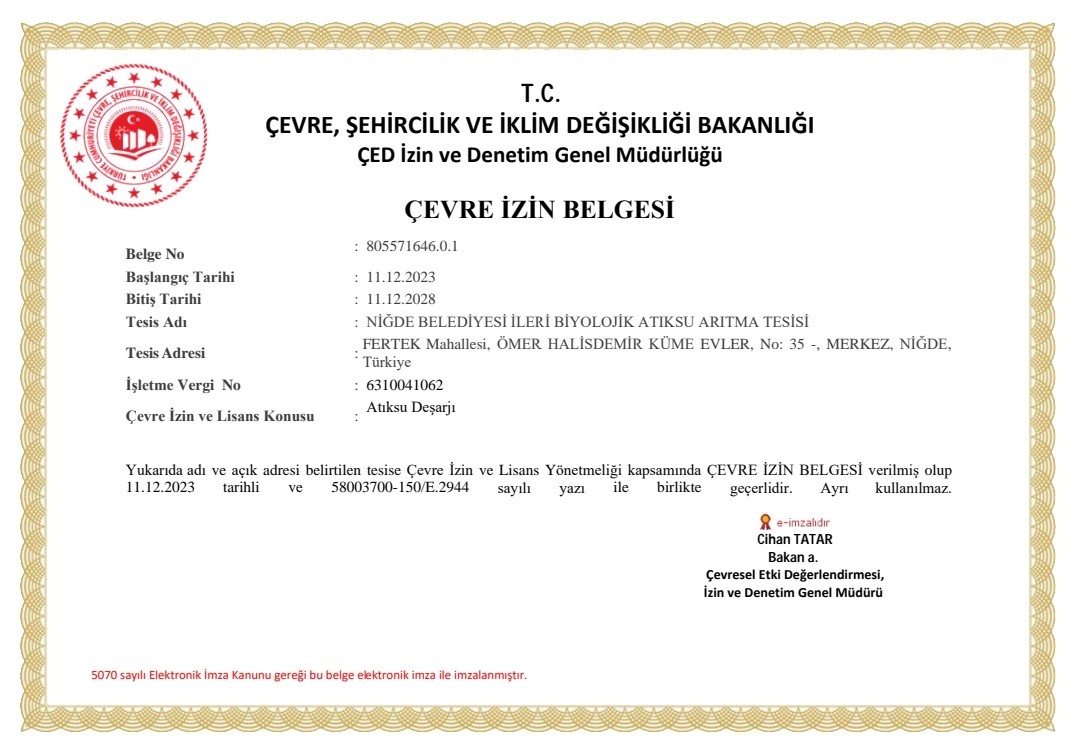 Niğde’de İleri Biyolojik Arıtma Tesisi, “Çevre İzin Belgesini” aldı