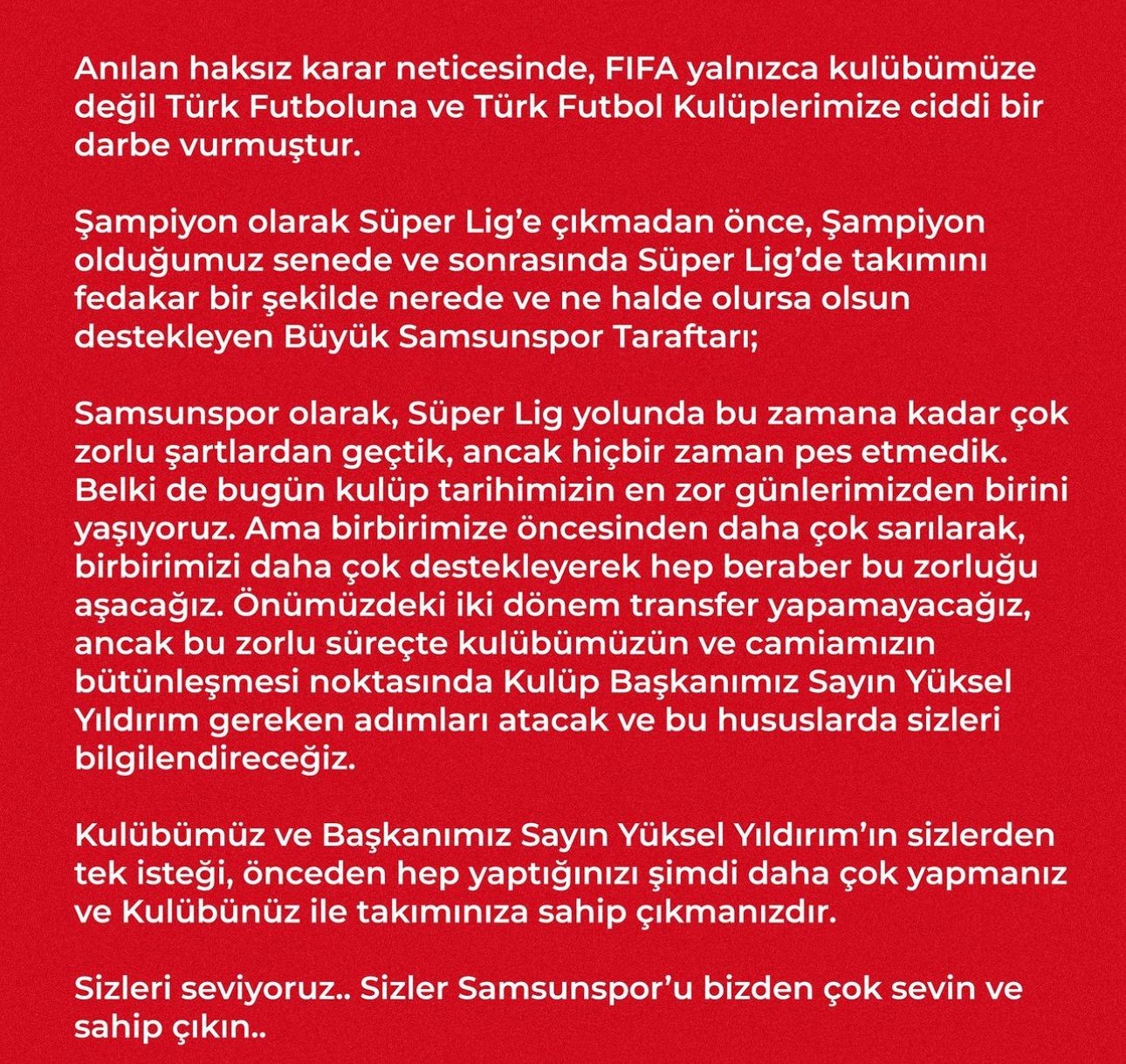 Samsunspor’a iki dönem transfer yasağı geldi