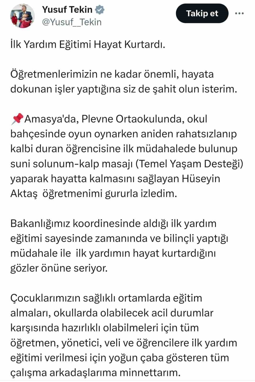 Milli Eğitim Bakanı Tekin: “Hüseyin Aktaş öğretmenimi gururla izledim”
