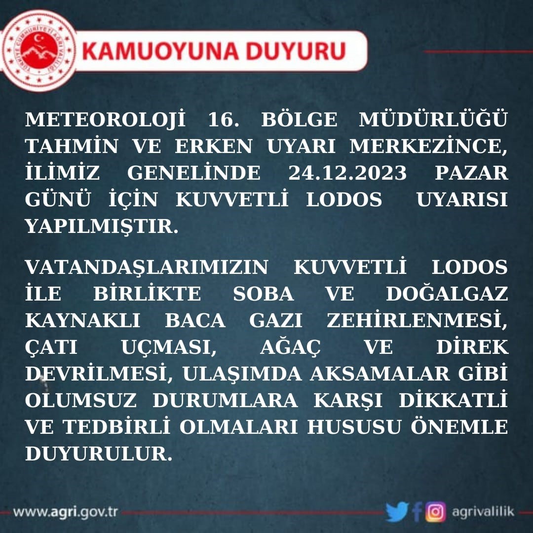 Ağrı’da kuvvetli lodos bekleniyor
