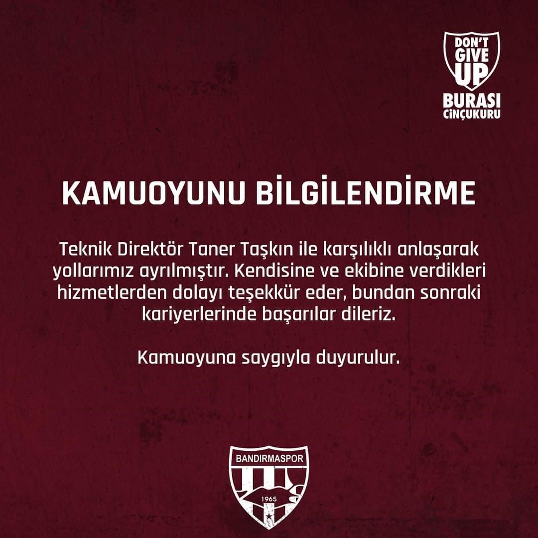 Bandırmaspor, Taner Taşkın ile yollarını ayırdı
