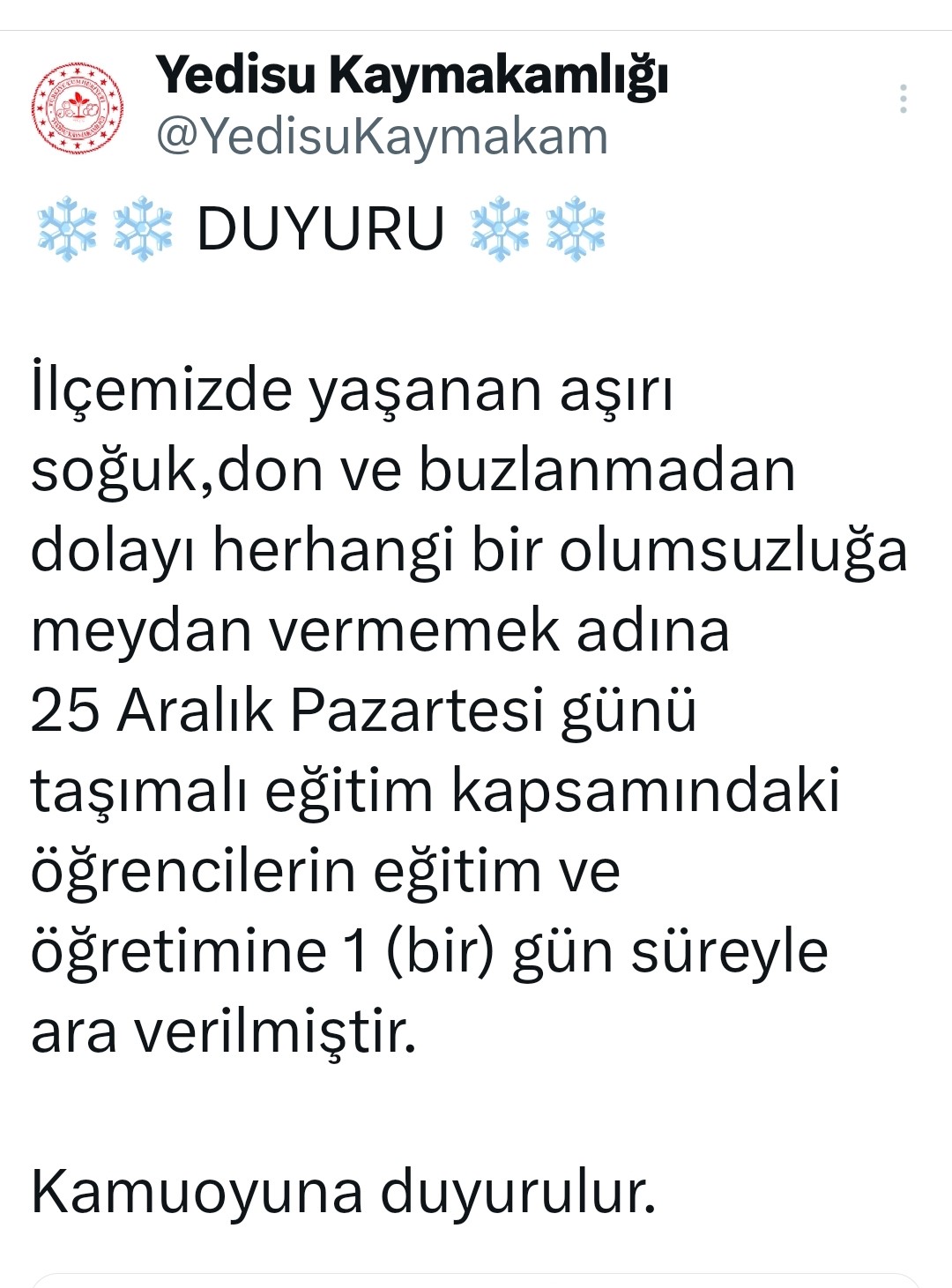 Bingöl’de iki ilçede daha taşımalı eğitime 1 gün ara verildi