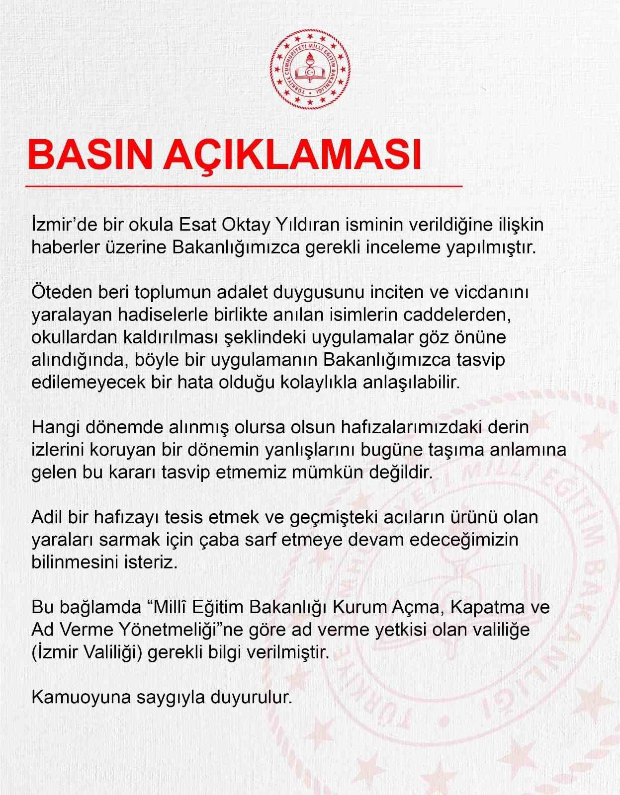 MEB’den bir okula ismi verilen Esat Oktay Yıldıran açıklaması: İnceleme başlatıldı