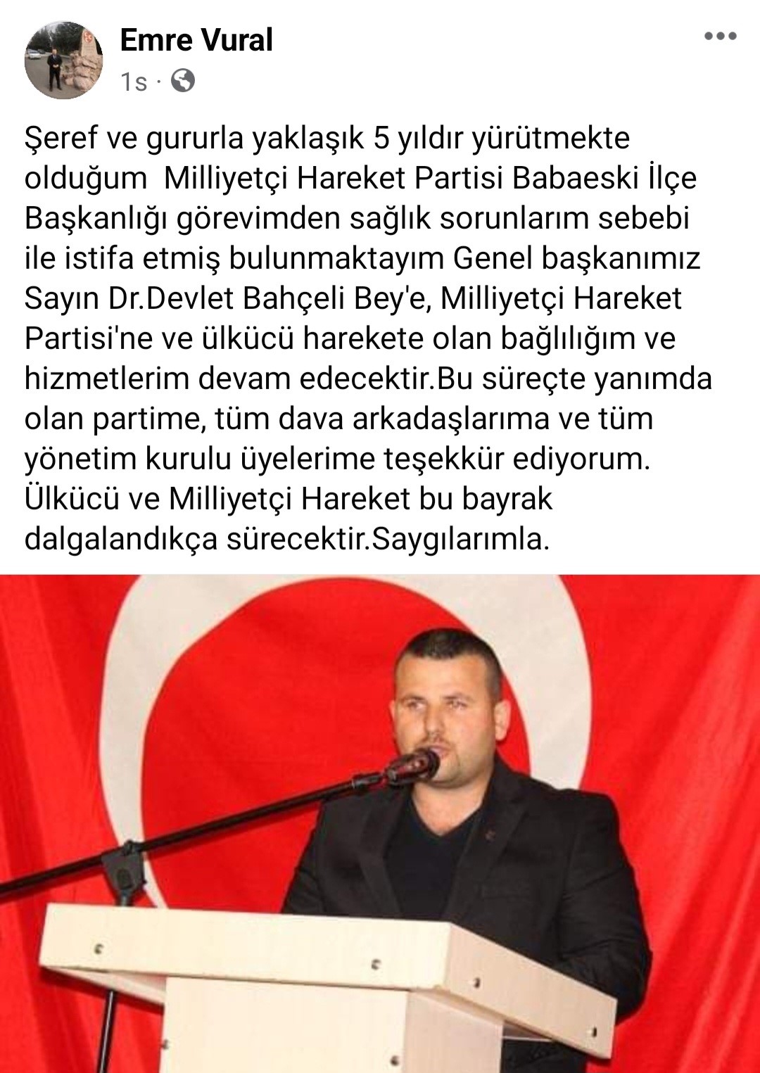 MHP Babaeski İlçe Başkanı Vural görevinden istifa etti
